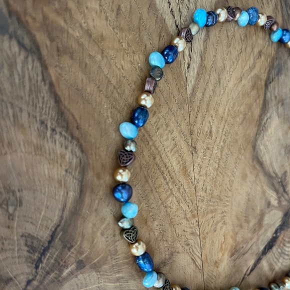 Handmade Jewelry - ✨ Handmade Pearl-style Beaded Necklace ✨ Blues, golds, brass tones